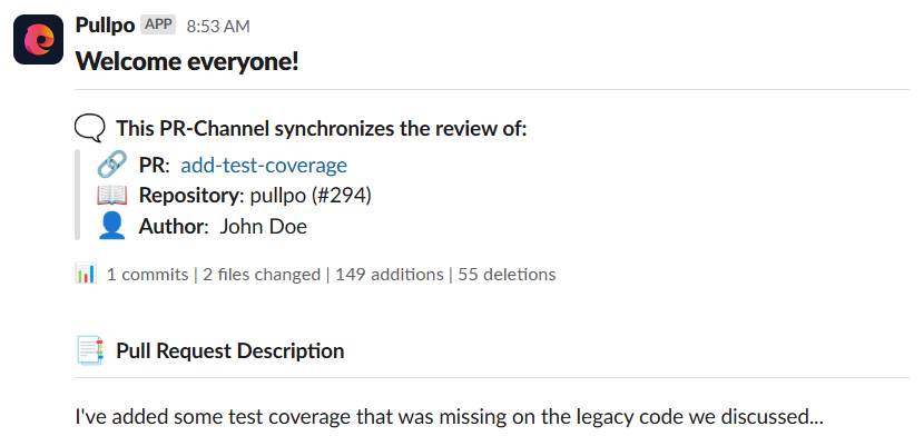 Pullpo's welcome message for a PR Channel.