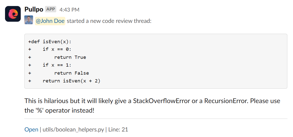 A code comment on Slack sent by Pullpo.