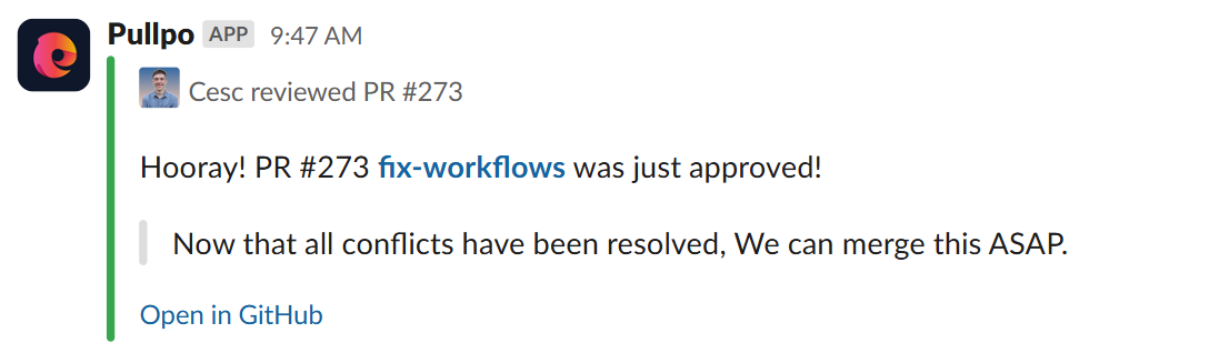 Pullpo's alert for a pull request approval.